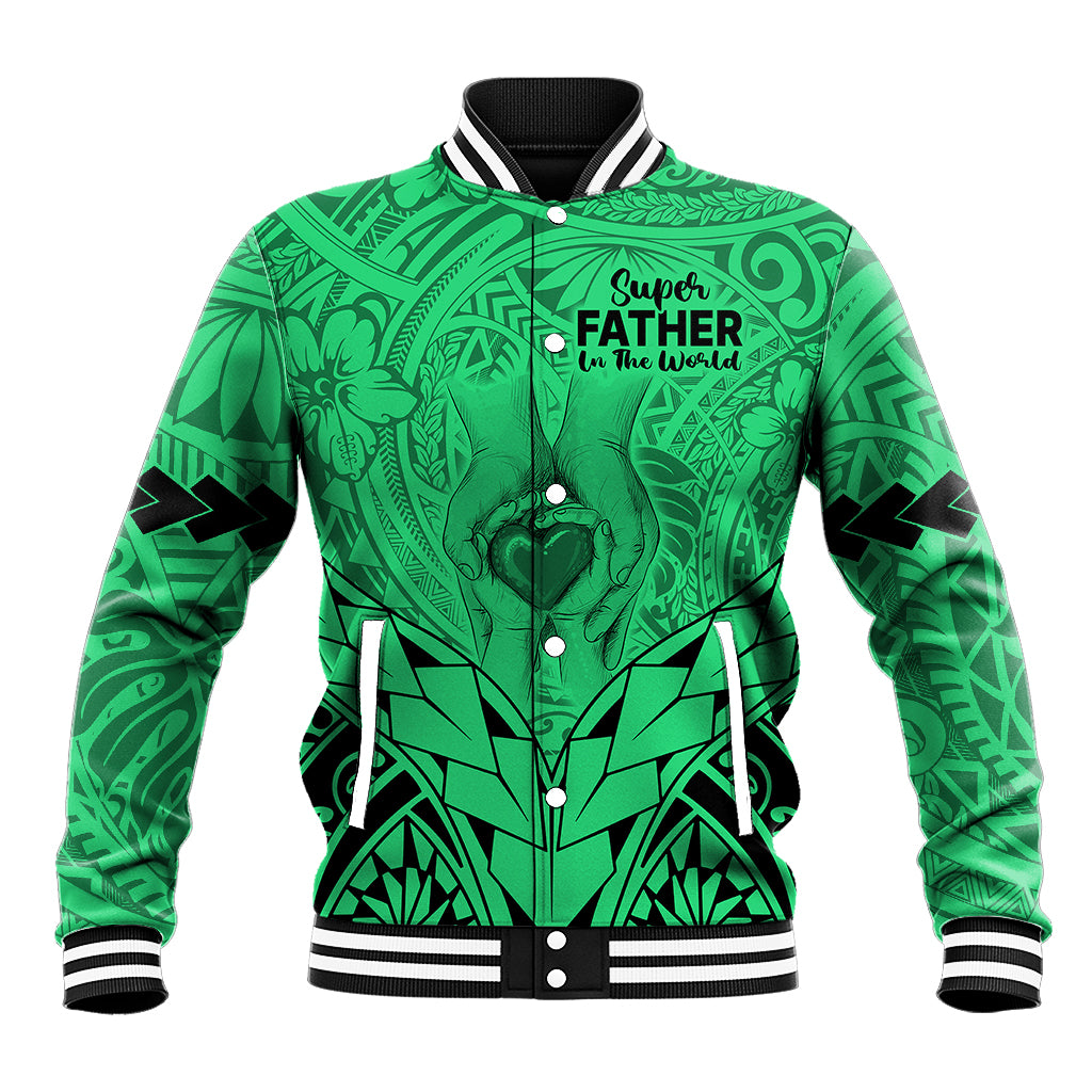 Green baseball jacket with Polynesian pattern, ribbed collar, and snap buttons
