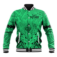 Green baseball jacket with Polynesian pattern, ribbed collar, and snap buttons