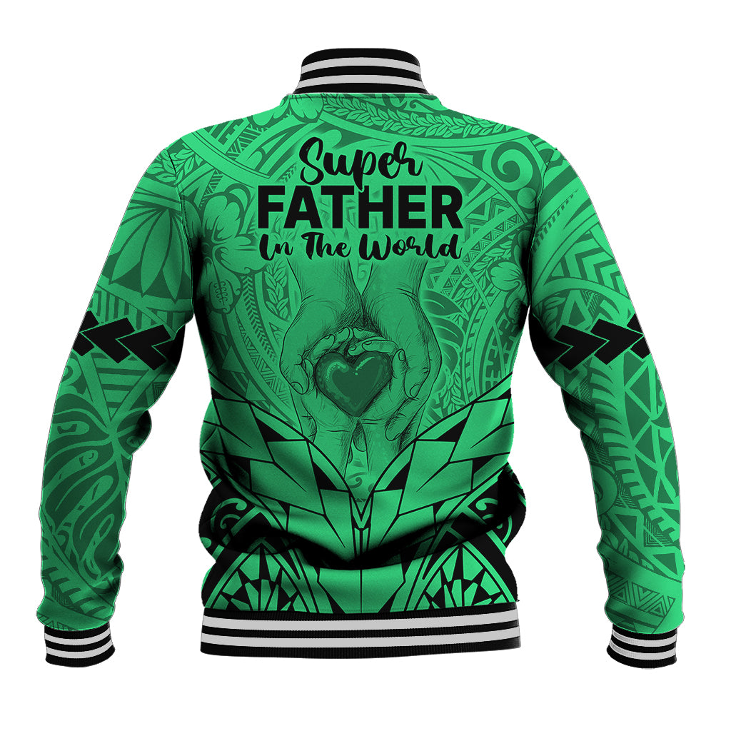 Green baseball jacket with Polynesian back print text, ribbed collar, and snap buttons