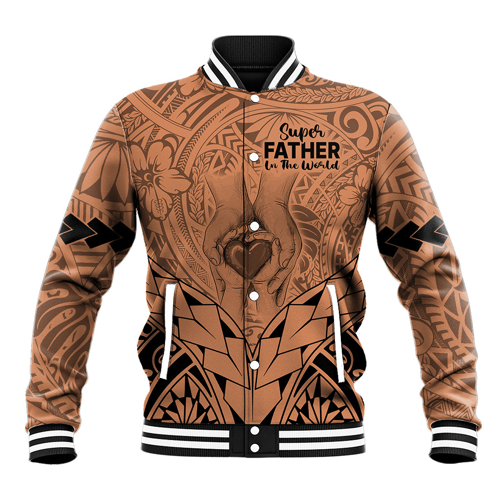 Unisex baseball jacket in nude brown with tribal print and 'Super Father in the World'.