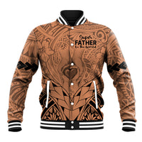 Unisex baseball jacket in nude brown with tribal print and 'Super Father in the World'.