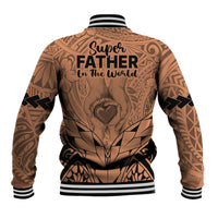 Unisex baseball jacket back in nude brown with tribal pattern and 'Super Father in the World'.