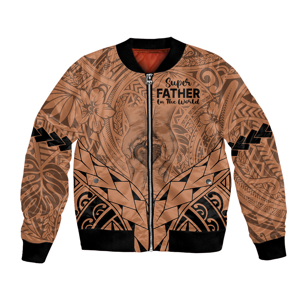 Tan Polynesian bomber jacket, front zip, black rib trim, 'Super Father in the world' print