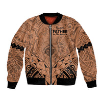 Tan Polynesian bomber jacket, front zip, black rib trim, 'Super Father in the world' print