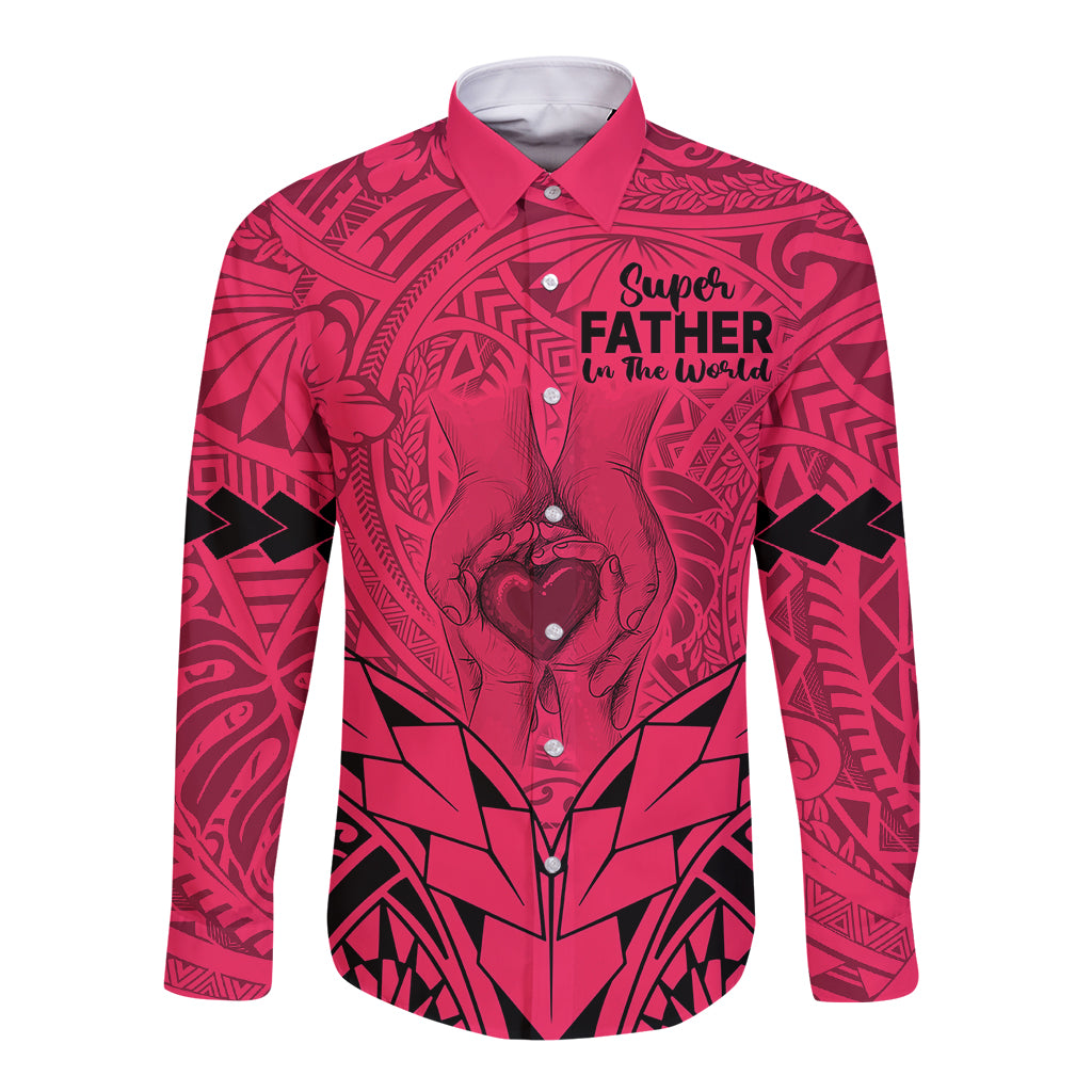 Pink long-sleeve button-up shirt with Polynesian-style tribal pattern and chest graphic
