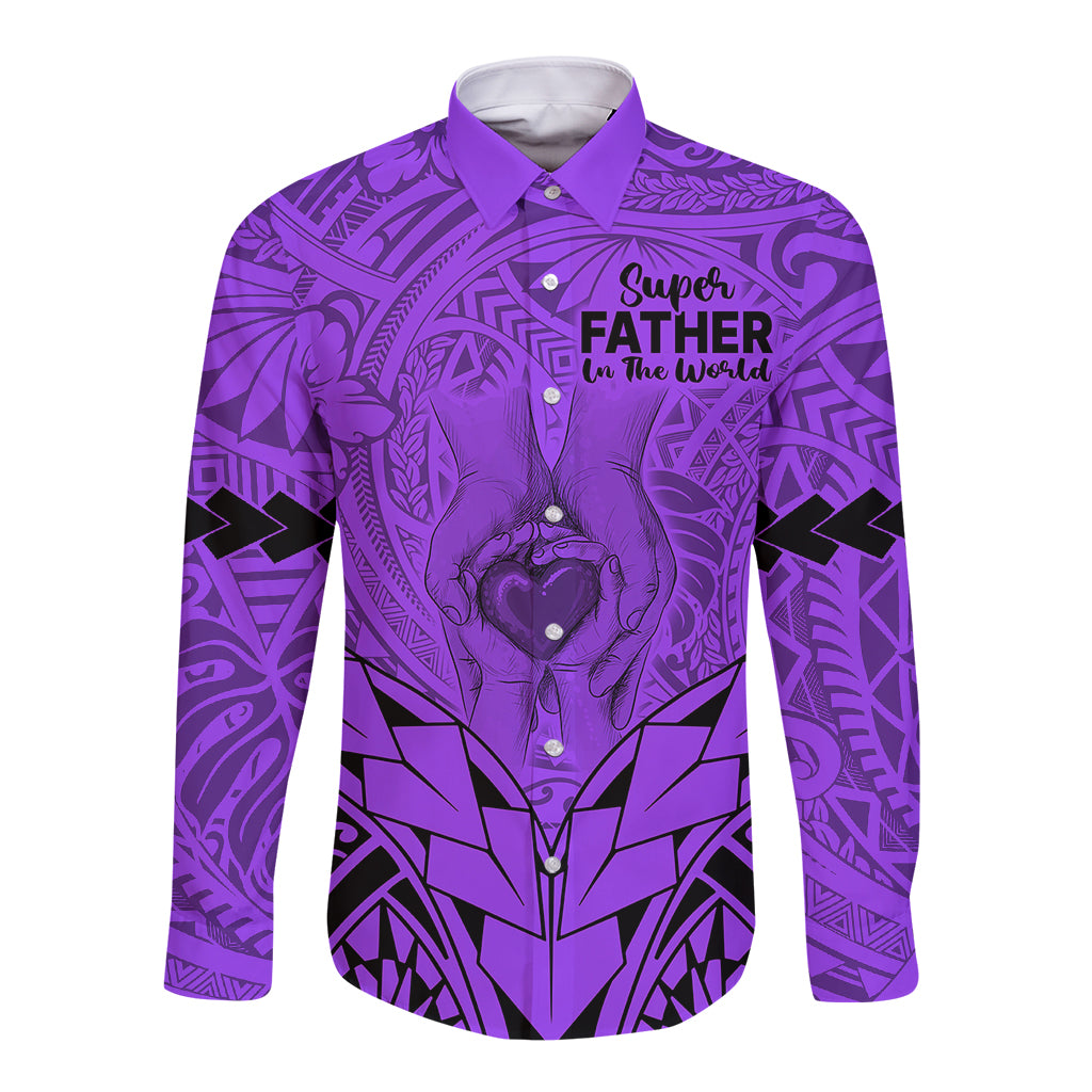 Purple long-sleeve button shirt with bold Polynesian pattern and 'Super FATHER' text
