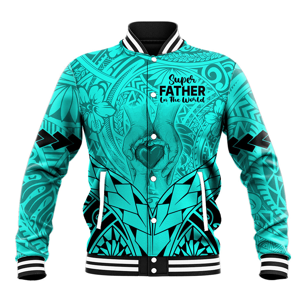 Turquoise baseball jacket with tribal print, button front, striped collar and cuffs