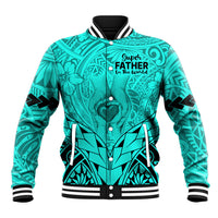 Turquoise baseball jacket with tribal print, button front, striped collar and cuffs