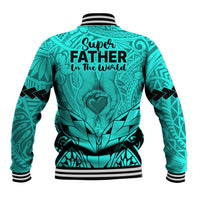 Turquoise baseball jacket back with Super Father graphic, striped collar and cuffs