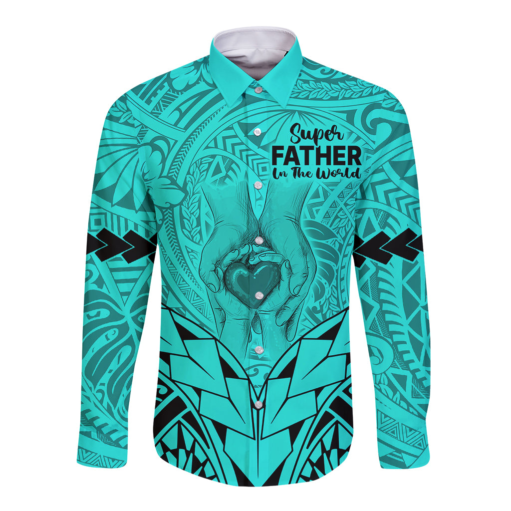 Turquoise long-sleeve button shirt with Polynesian pattern and 'Super Father' print