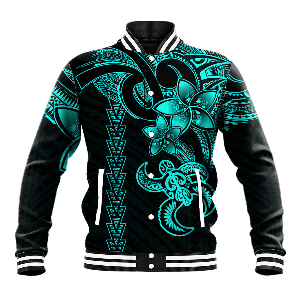 Black-and-aqua baseball jacket with turtle graphic, snap front, striped rib collar