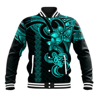 Black-and-aqua baseball jacket with turtle graphic, snap front, striped rib collar