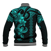 Black-and-aqua baseball jacket with turtle graphic on back, striped rib collar and cuffs