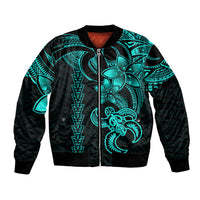 Unisex bomber jacket in black with aqua tribal turtle print, zip front
