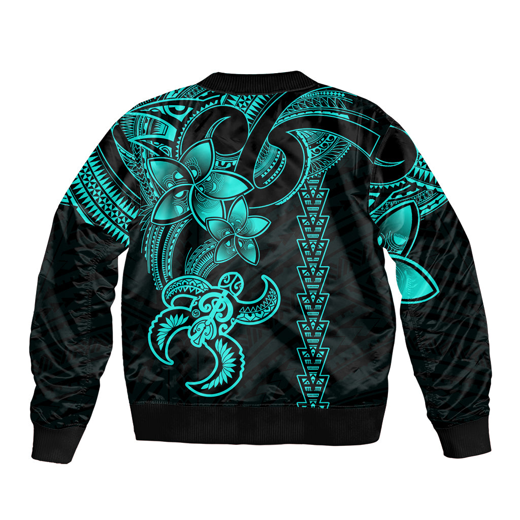 Unisex black bomber jacket with aqua tribal turtle back print and geometric stripe, zip