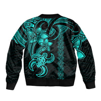 Unisex black bomber jacket with aqua tribal turtle back print and geometric stripe, zip