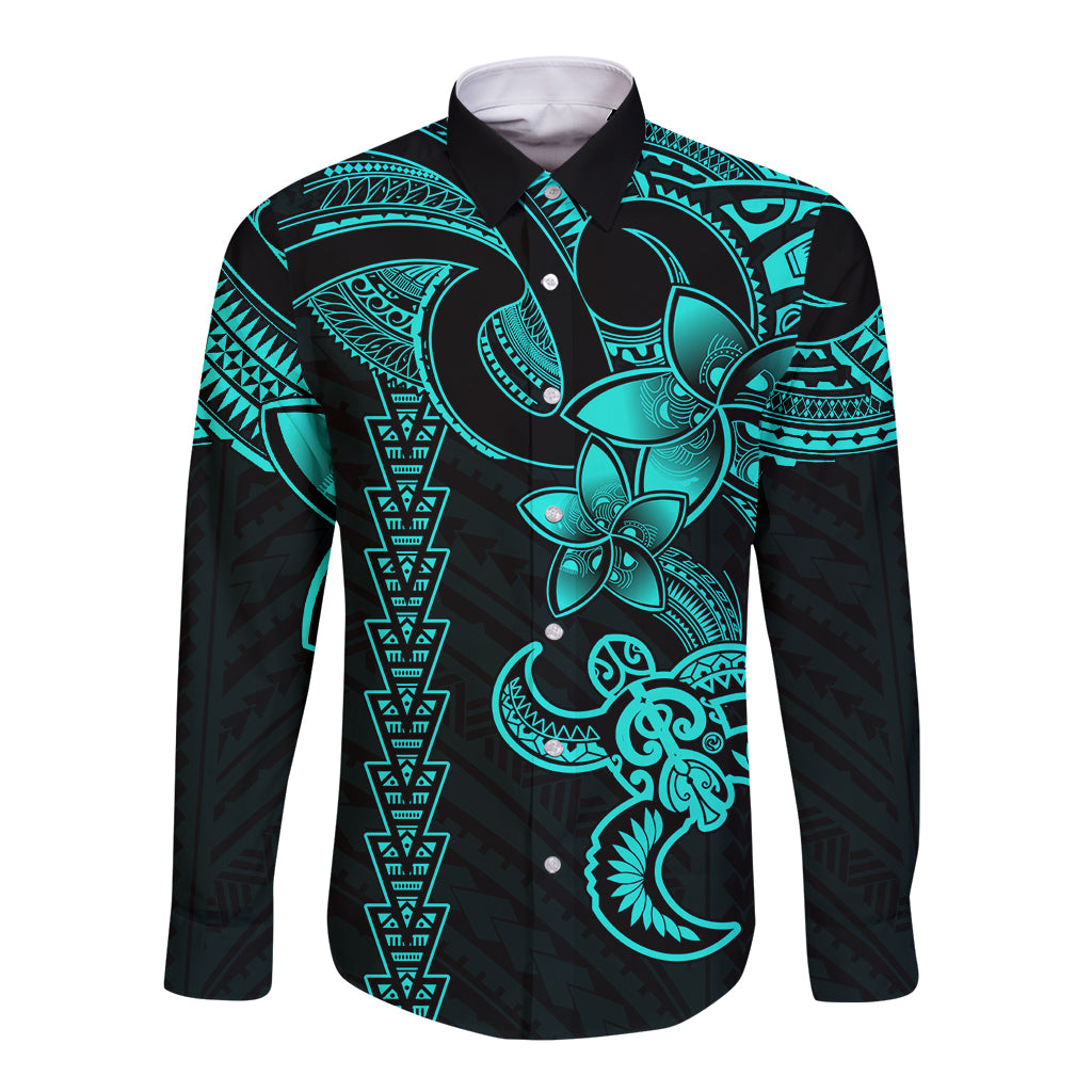 Aqua and black long-sleeve button shirt with tribal turtle front graphic