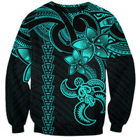Aqua and dark tribal turtle sweatshirt, long sleeves with bold Polynesian-style graphic