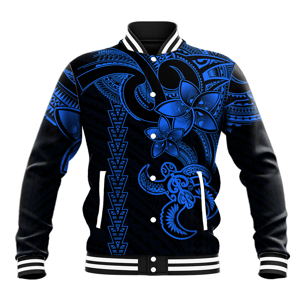 Blue and black baseball jacket with front turtle and tribal pattern, snap buttons