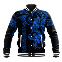Blue and black baseball jacket with front turtle and tribal pattern, snap buttons