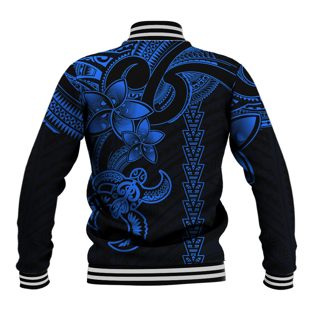 Blue and black baseball jacket with back turtle tribal print, striped ribbed collar and cuffs