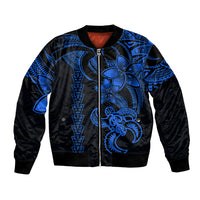 Unisex blue-and-black bomber jacket with zipper, tribal turtle graphic, ribbed cuffs