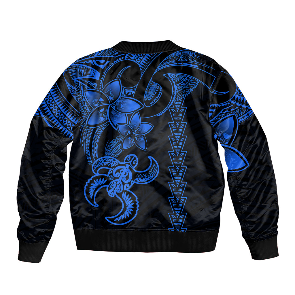 Unisex bomber jacket with blue tribal back print, ribbed hem and cuffs, full zipper front