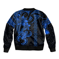 Unisex bomber jacket with blue tribal back print, ribbed hem and cuffs, full zipper front