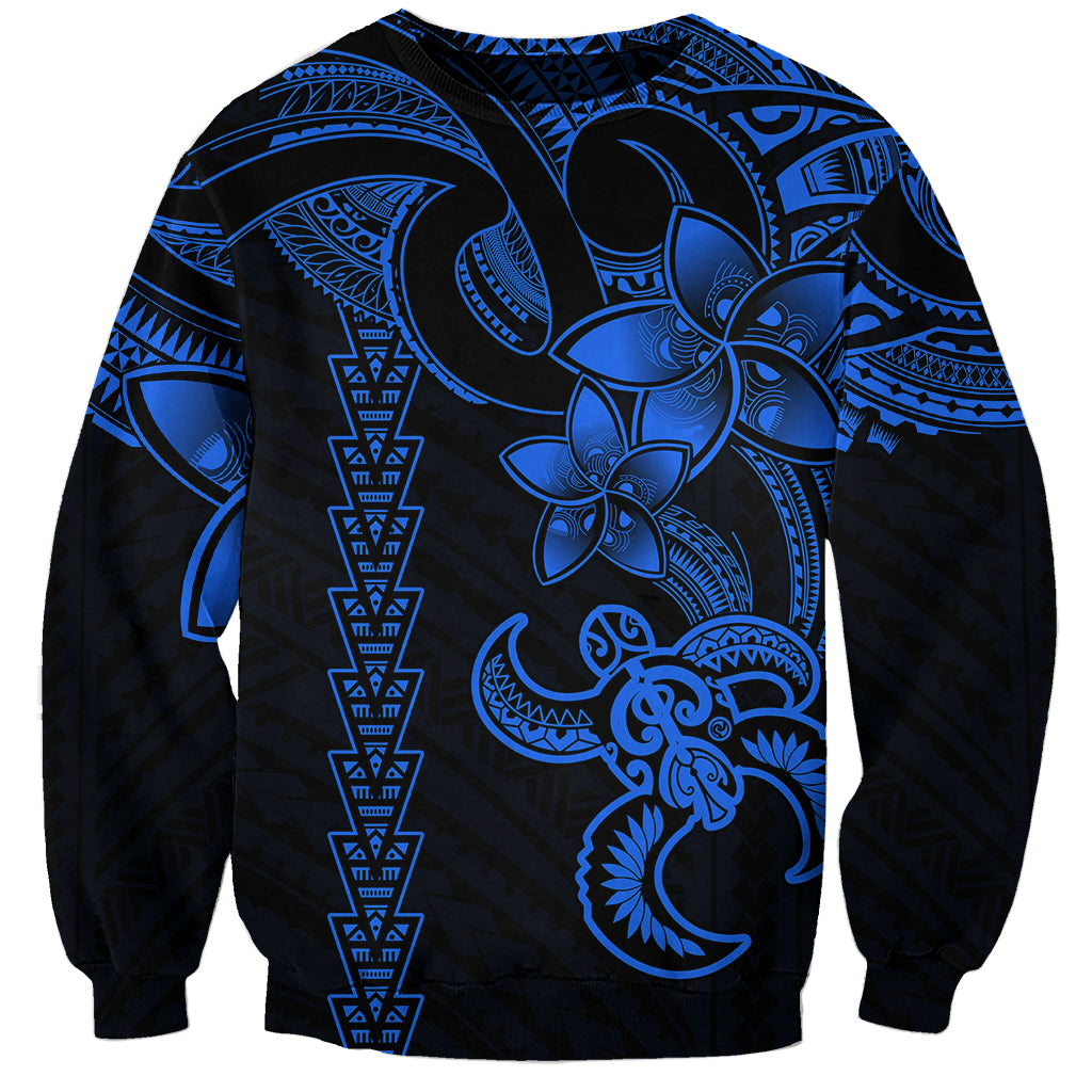 Unisex blue-and-dark sweatshirt with Polynesian turtle and tribal pattern, crew neck