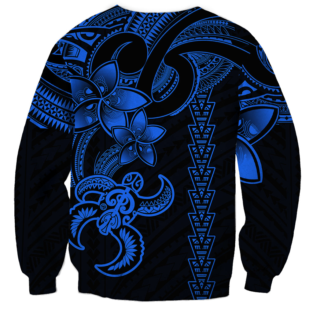 Unisex sweatshirt with blue Polynesian turtle, tiki tribal motifs, crew neck