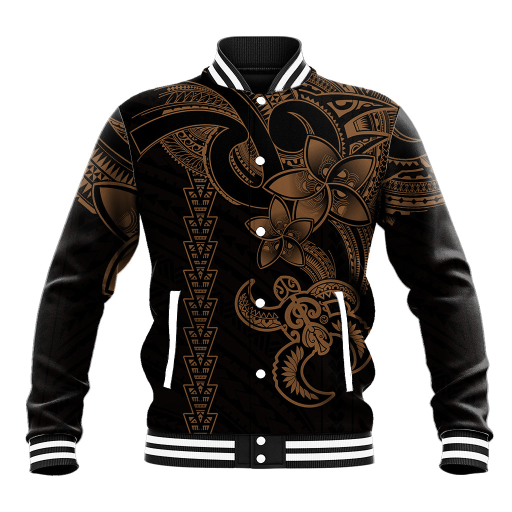 Men's black and gold Hawaiian tribal baseball jacket with turtle front graphic, snap buttons