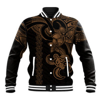 Men's black and gold Hawaiian tribal baseball jacket with turtle front graphic, snap buttons