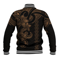 Black and gold Hawaiian tribal baseball jacket with large back turtle graphic, striped cuffs