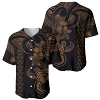 Men's Hawaiian tribal baseball jersey pair in black with gold turtle print, button front