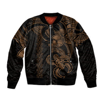 Black bomber jacket with gold turtle and Polynesian tribal design, zip-front