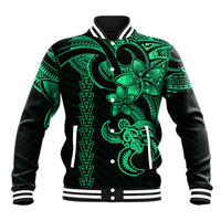 Green and black baseball varsity jacket with neon tribal turtle front print