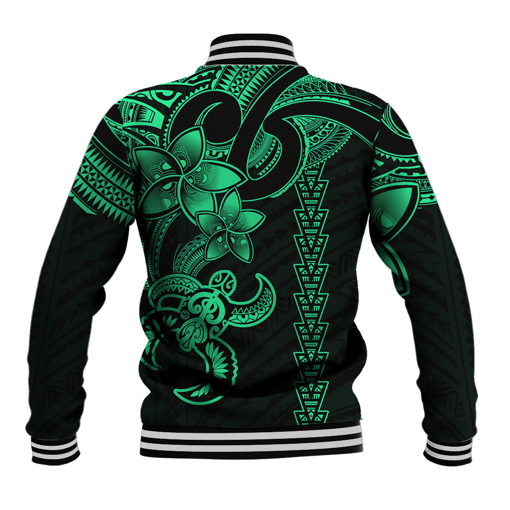 Green and black baseball varsity jacket with neon tribal turtle back print