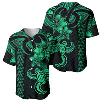 Green Hawaiian tribal baseball jersey with turtle, headgear, and zigzag accents, short sleeves