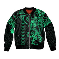 Green and black tropical bomber jacket with full-zip front and tribal turtle graphic