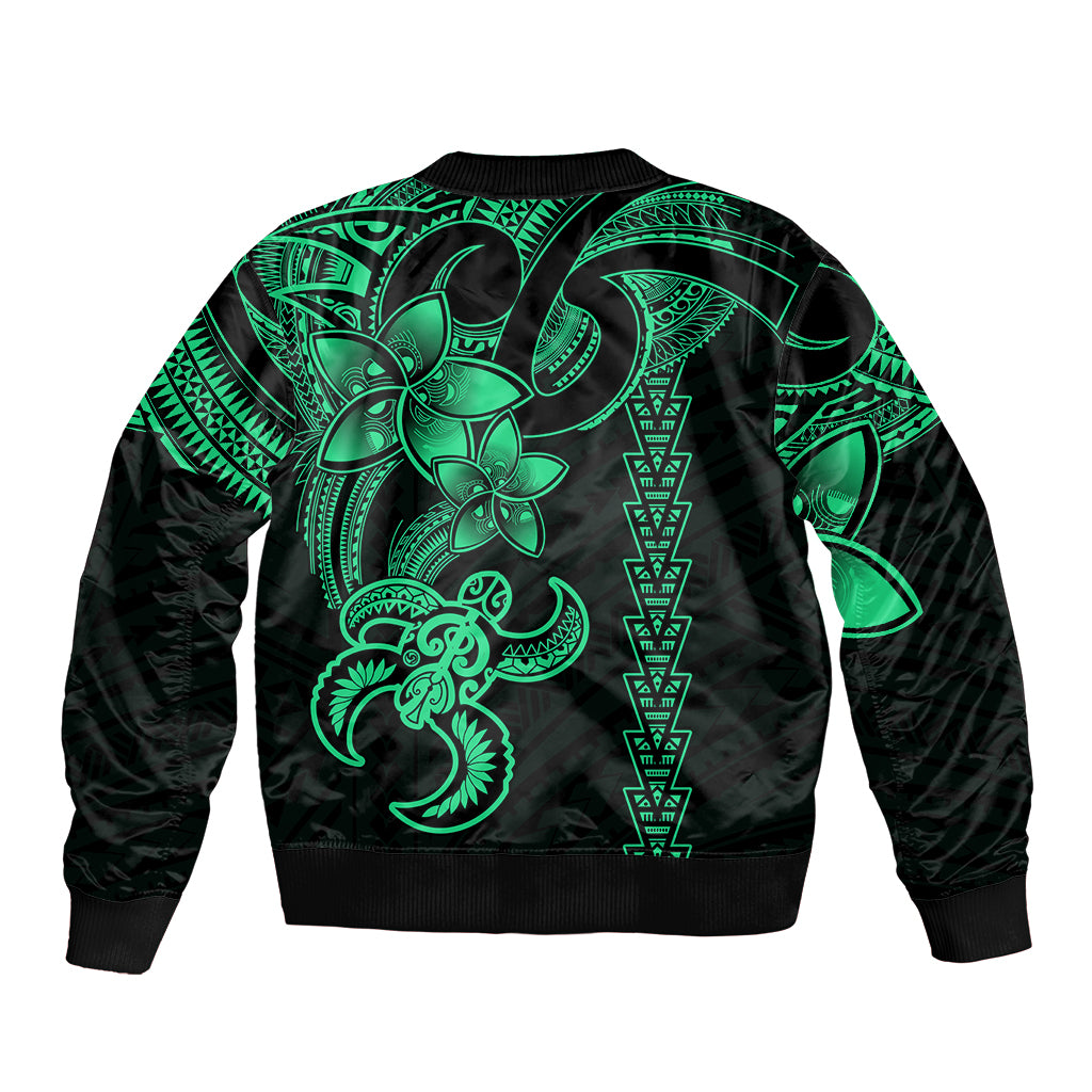 Green and black bomber jacket with back tribal turtle and patterned kakau-style designs