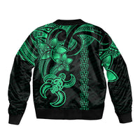 Green and black bomber jacket with back tribal turtle and patterned kakau-style designs