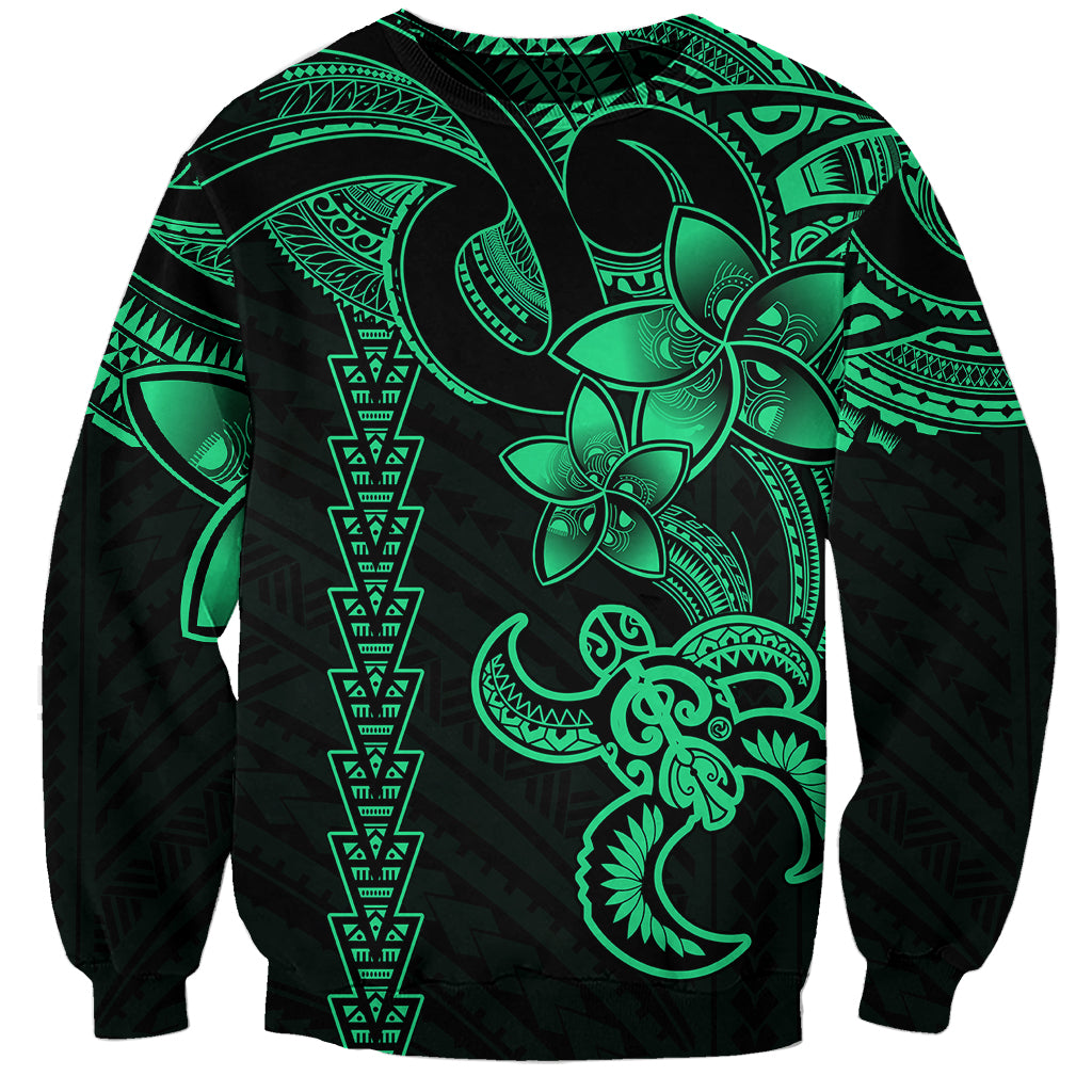 Green unisex sweatshirt with neon tribal turtle and geometric patterns, long sleeves