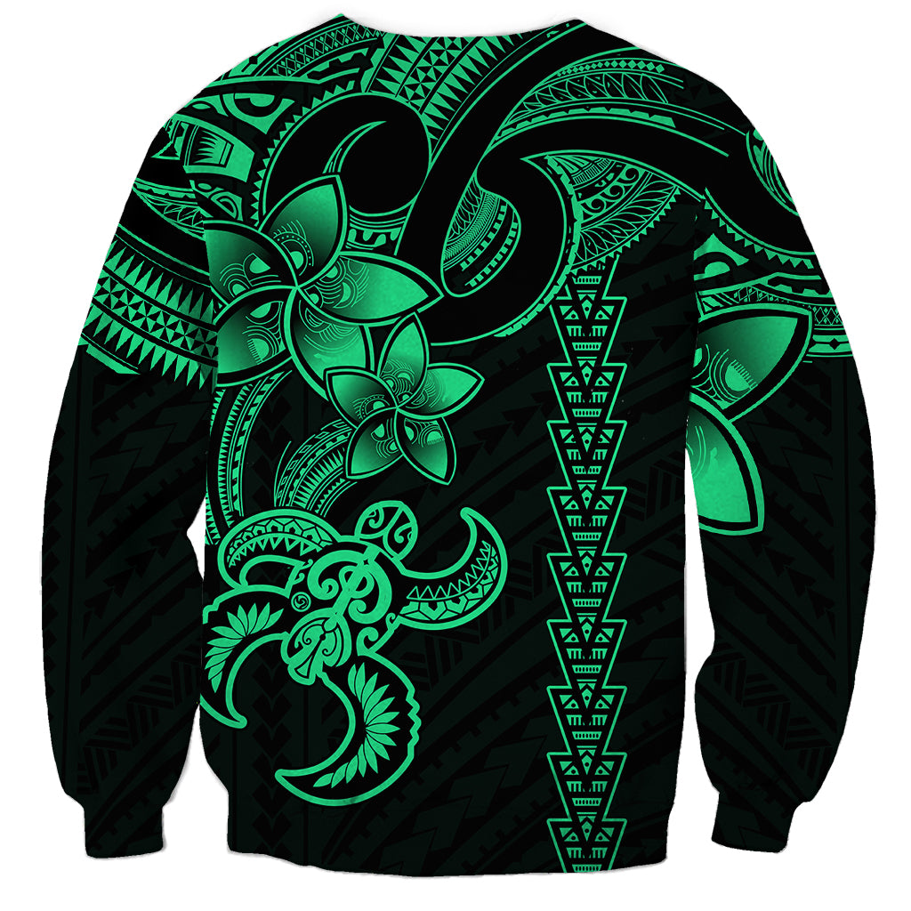 Green unisex sweatshirt with large neon turtle graphic and tribal bands, long sleeves