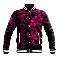 Black baseball jacket with pink tribal turtle print and snap front
