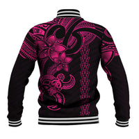 Back view black baseball jacket with pink Hawaiian turtle tribal graphic and striped cuffs