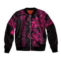 Unisex black bomber jacket with pink Hawaiian tribal turtle print, full-zip front