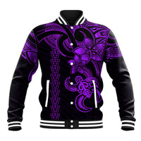 Unisex baseball jacket in black with purple tribal turtle front graphic and snap buttons