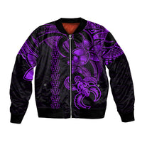 Unisex purple-and-black bomber jacket with front zip and purple Polynesian turtle print