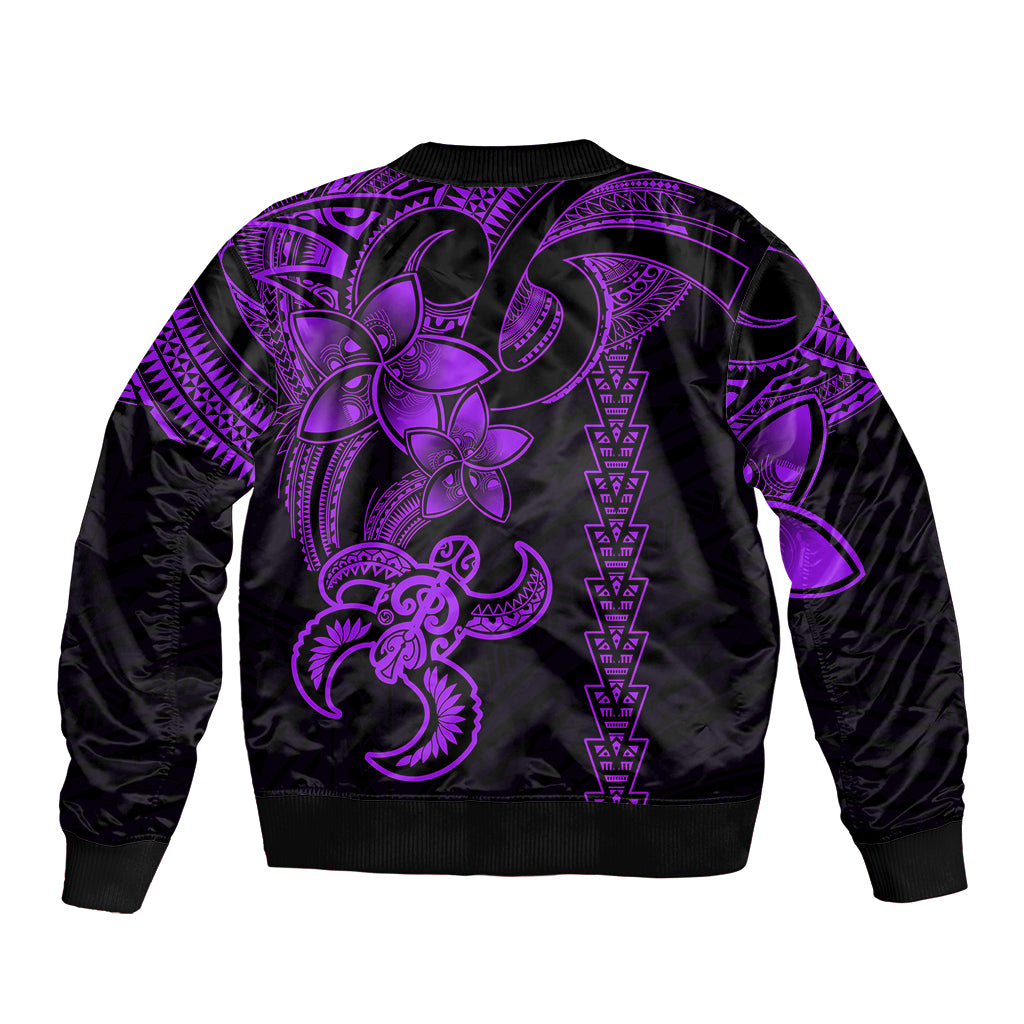 Unisex purple-and-black bomber jacket with back tribal pattern and central turtle motif