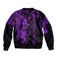 Unisex purple-and-black bomber jacket with back tribal pattern and central turtle motif